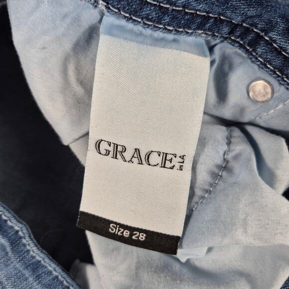Grace In LA Blue Denim Jeans Distressed Raw Hem Embroidered Pockets Mid Rise 28 - Picture 7 of 7
